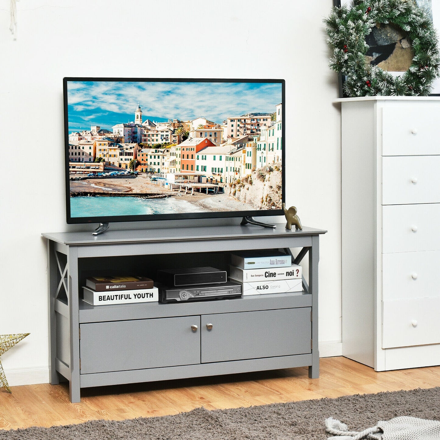 Media Storage TV Cabinet with Charging Station and Open Shelves for 50 Inch TVs - Grey