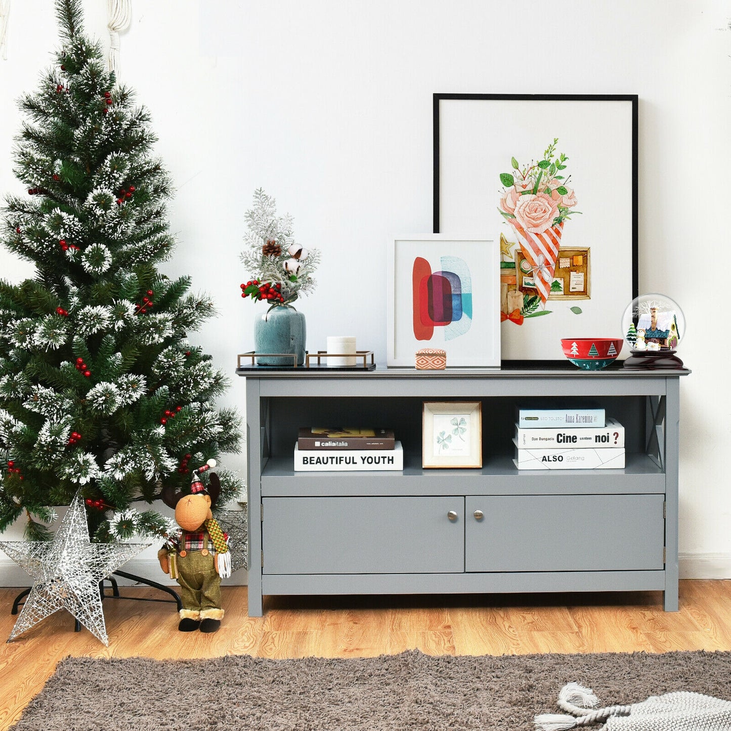 Media Storage TV Cabinet with Charging Station and Open Shelves for 50 Inch TVs - Grey