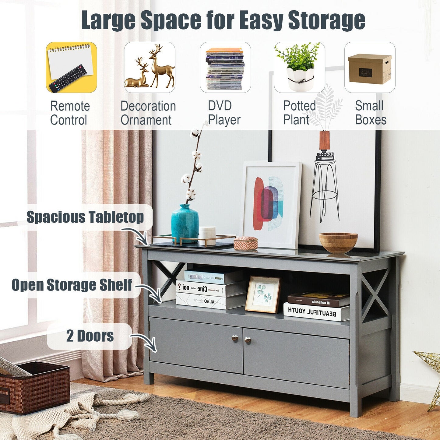 Media Storage TV Cabinet with Charging Station and Open Shelves for 50 Inch TVs - Grey