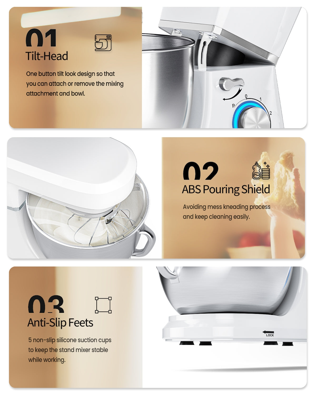7.5QT Tilt-Head Stand Mixer with 660W Motor & 3 Attachments