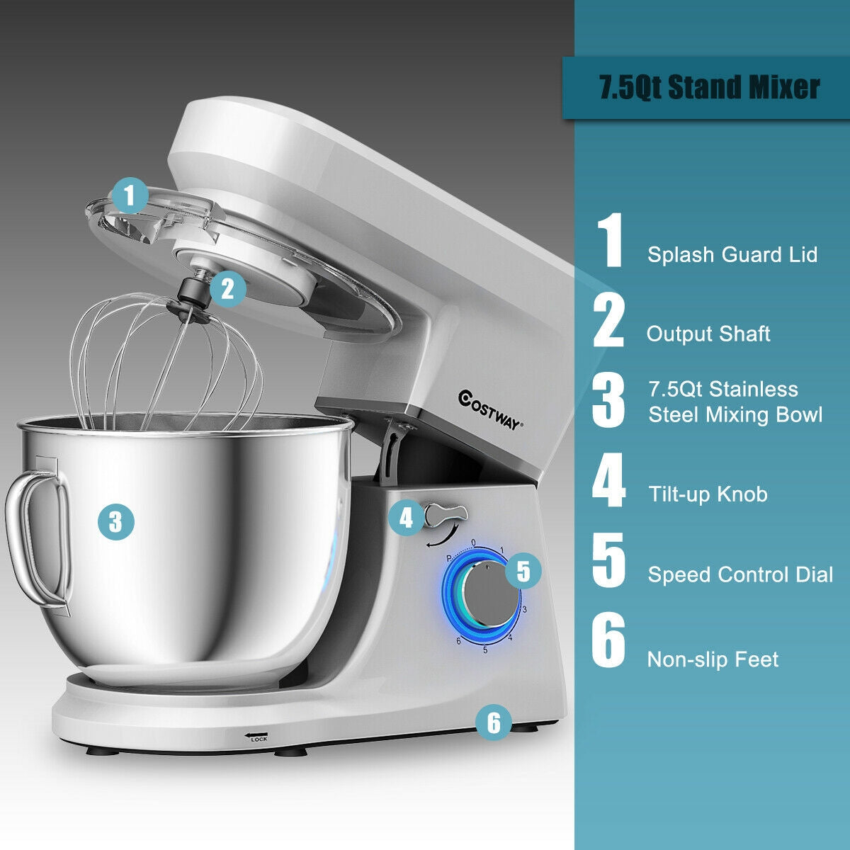 7.5QT Tilt-Head Stand Mixer with 660W Motor & 3 Attachments