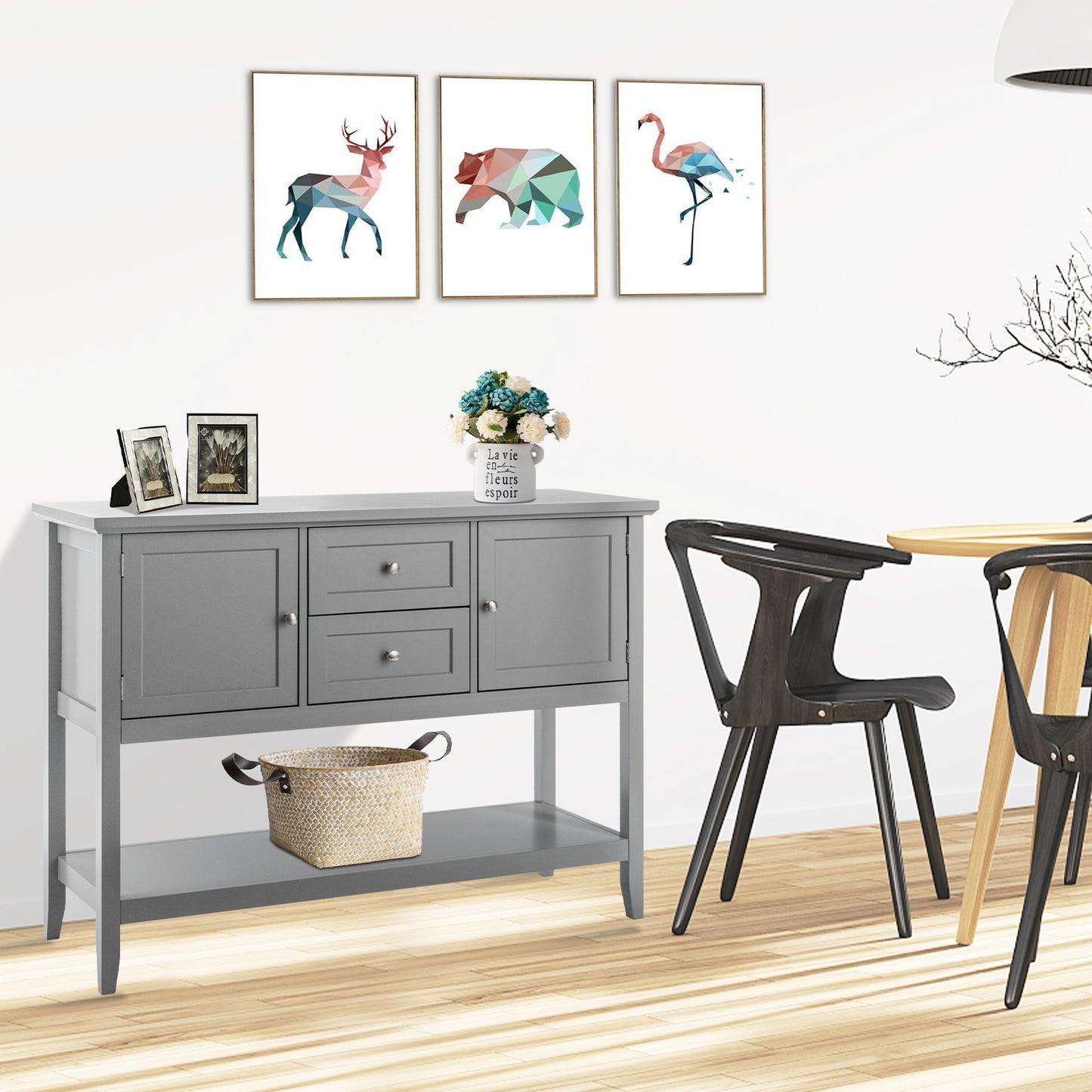 Modern Console Sideboard Table with Open Shelf and Drawers - Grey