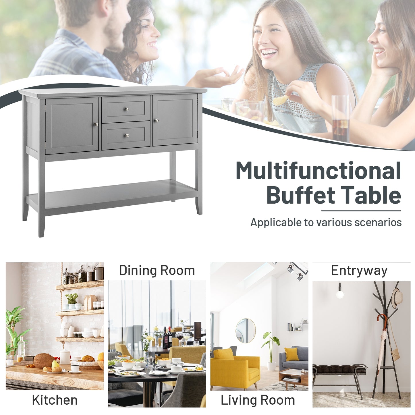Modern Console Sideboard Table with Open Shelf and Drawers - Grey