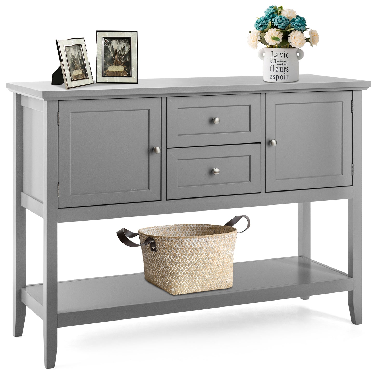 Modern Console Sideboard Table with Open Shelf and Drawers - Grey