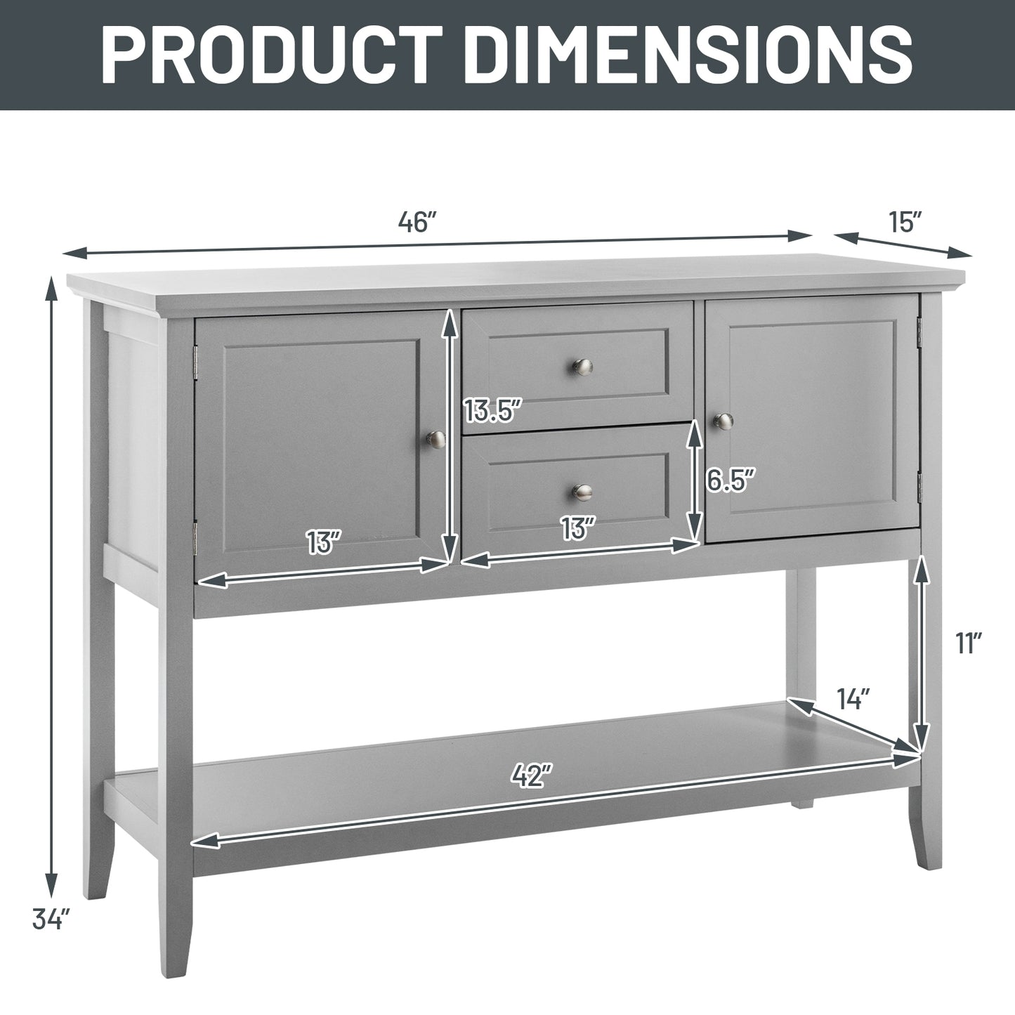 Modern Console Sideboard Table with Open Shelf and Drawers - Grey
