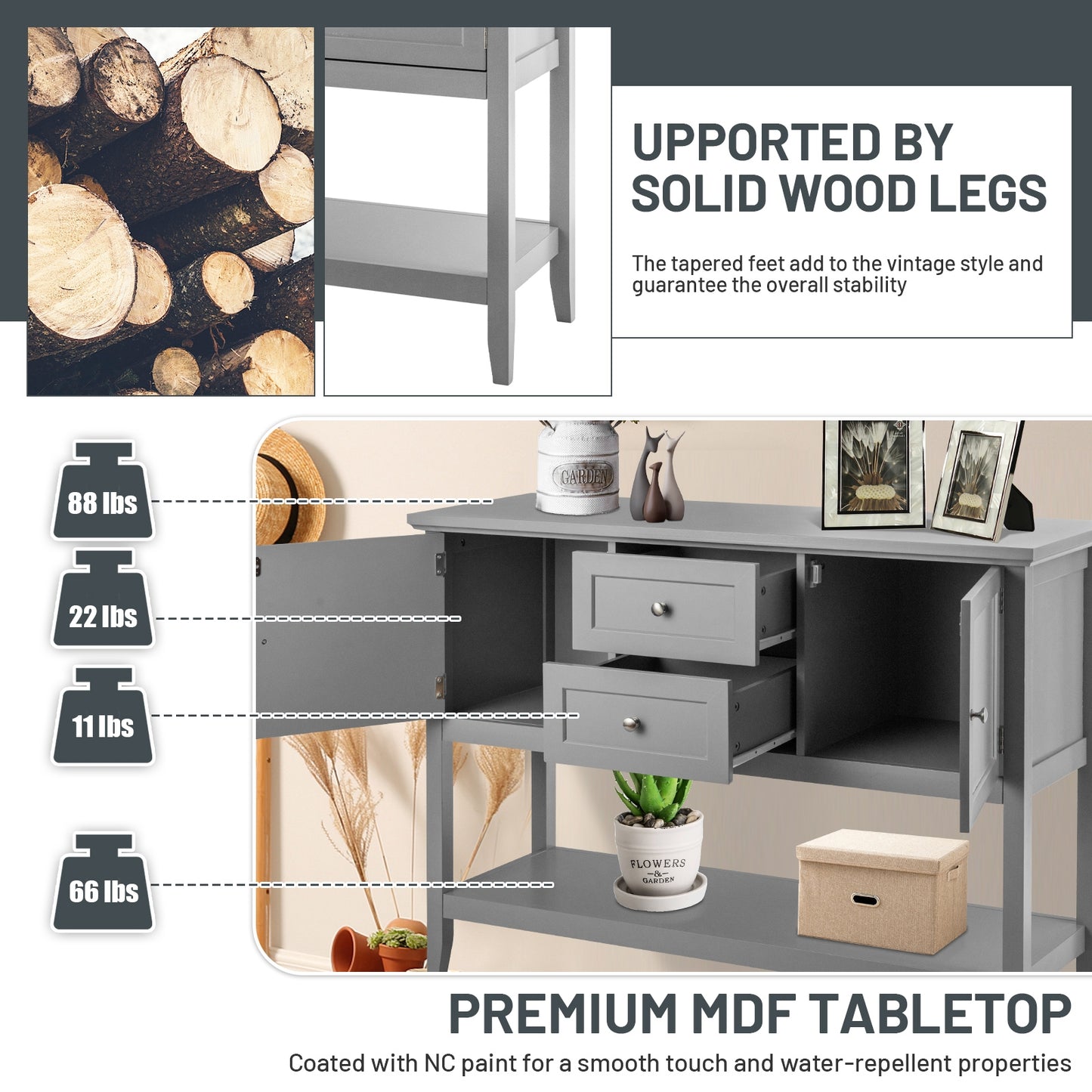 Modern Console Sideboard Table with Open Shelf and Drawers - Grey