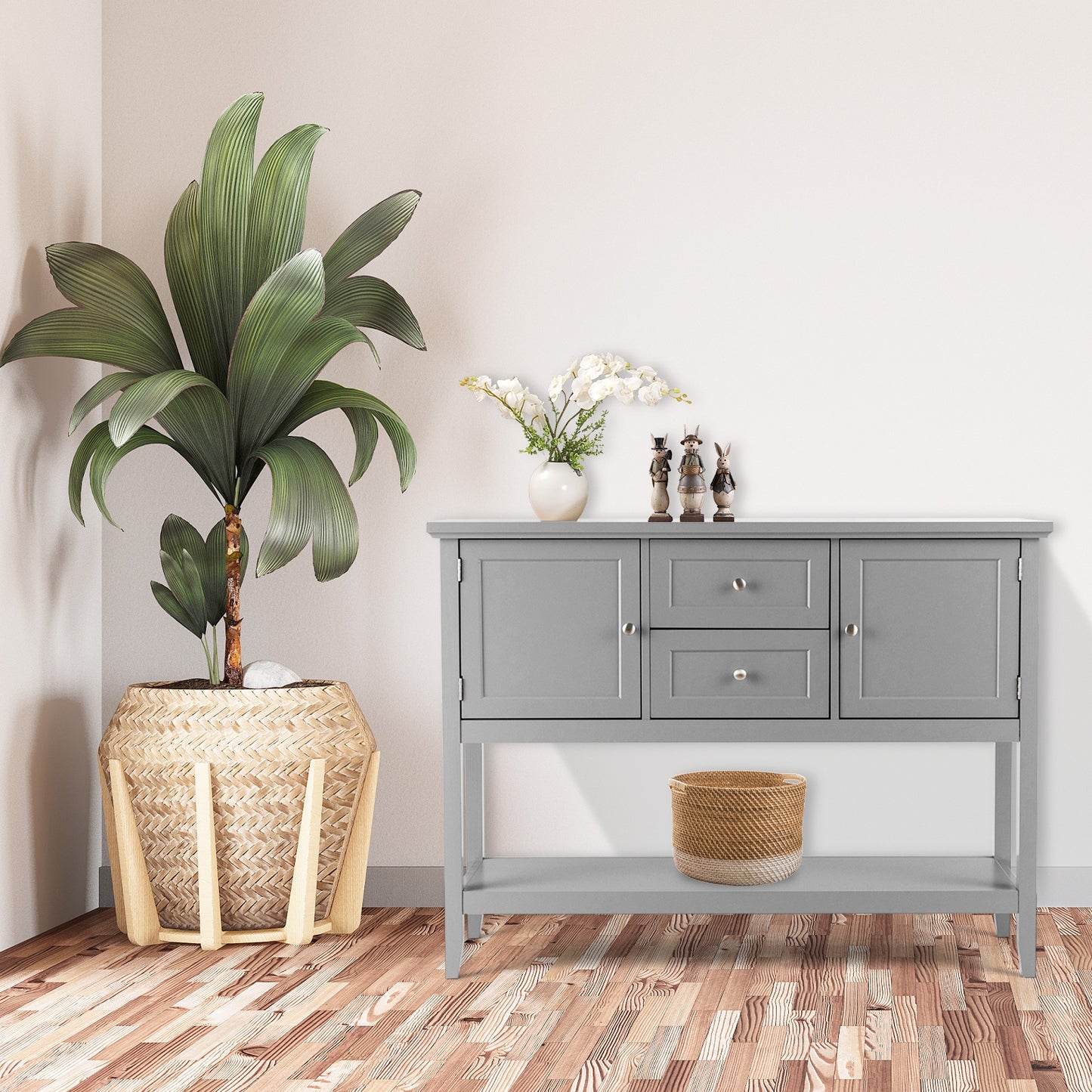 Modern Console Sideboard Table with Open Shelf and Drawers - Grey