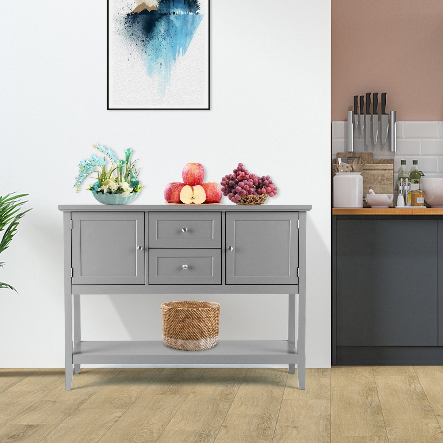 Modern Console Sideboard Table with Open Shelf and Drawers - Grey