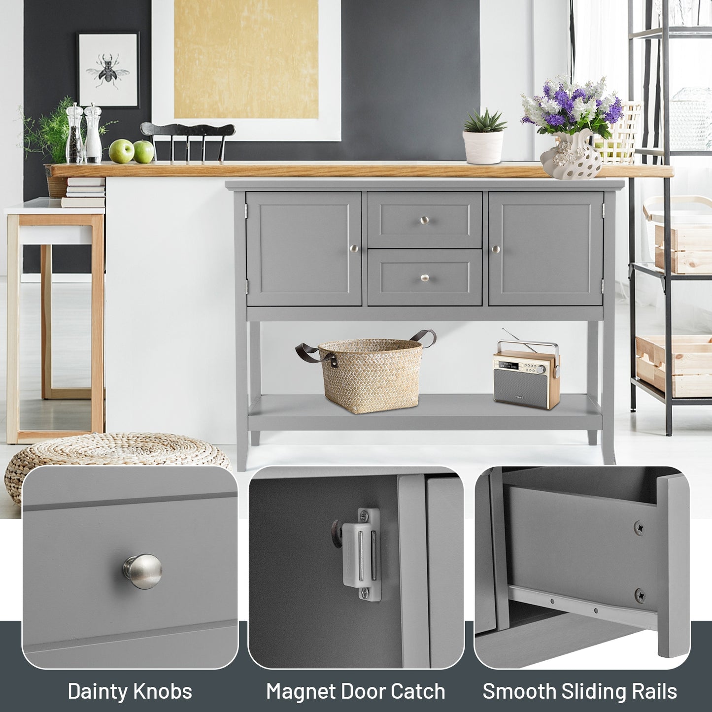 Modern Console Sideboard Table with Open Shelf and Drawers - Grey