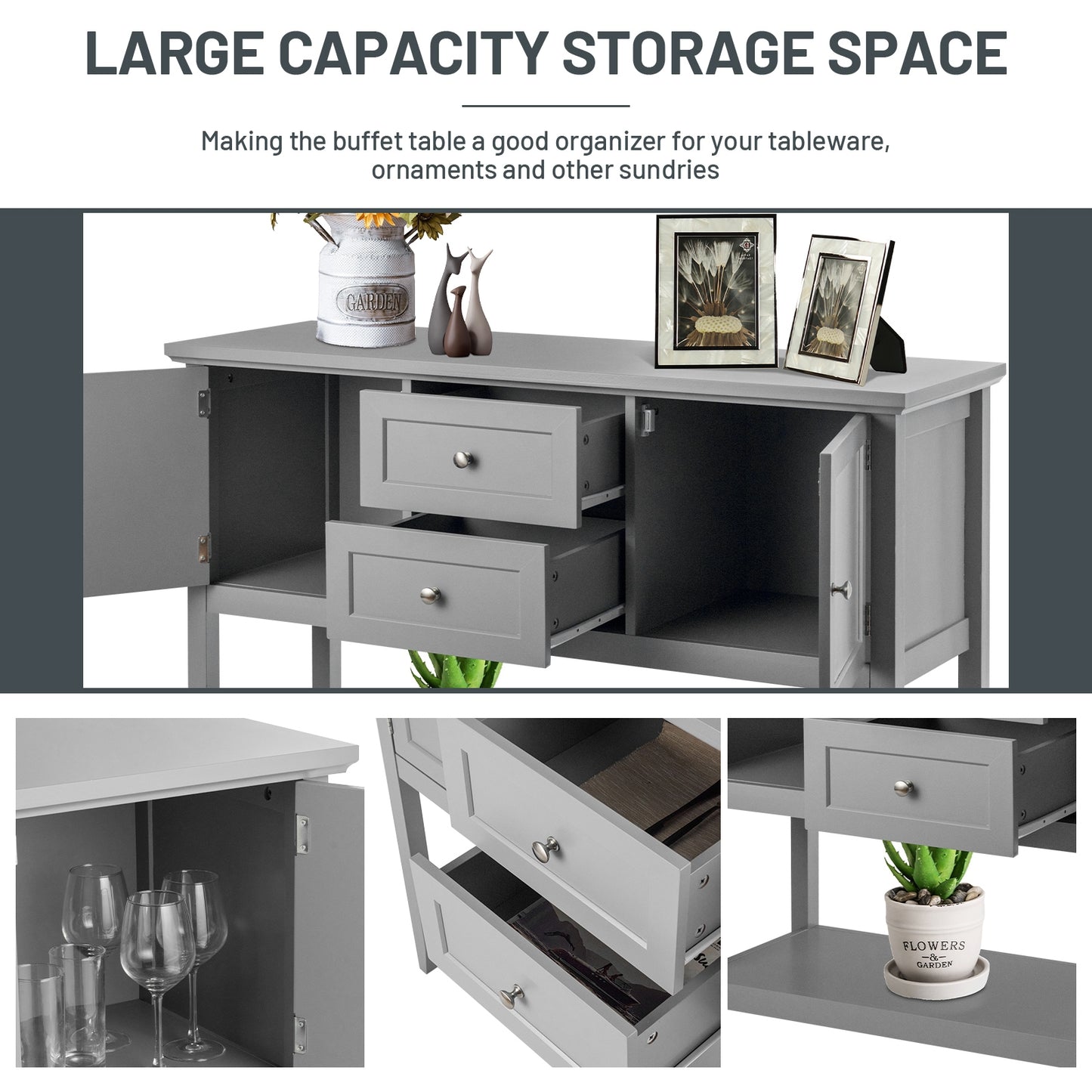 Modern Console Sideboard Table with Open Shelf and Drawers - Grey