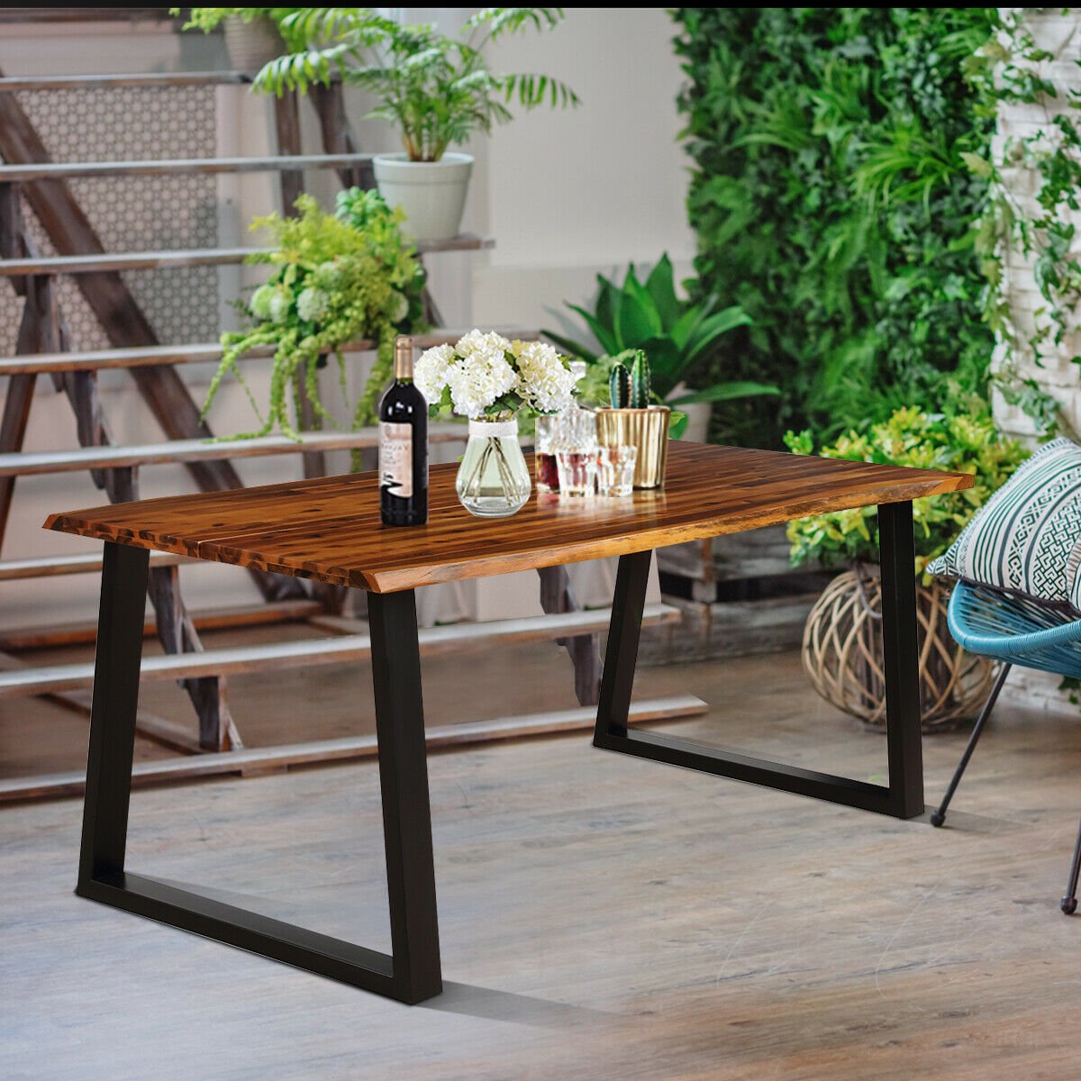 Acacia Wood Dining Table for 6 with Metal Legs
