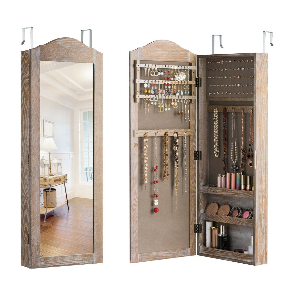 Jewelry Armoire Cabinet with Full Length Mirror for Wall and Door Mounting