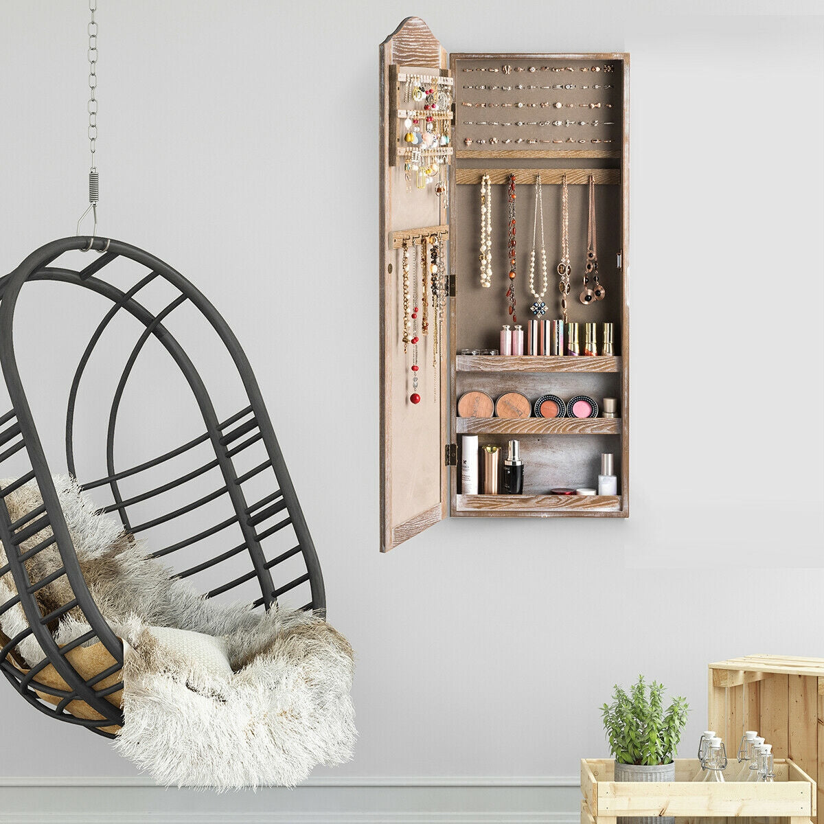 Jewelry Armoire Cabinet with Full Length Mirror for Wall and Door Mounting