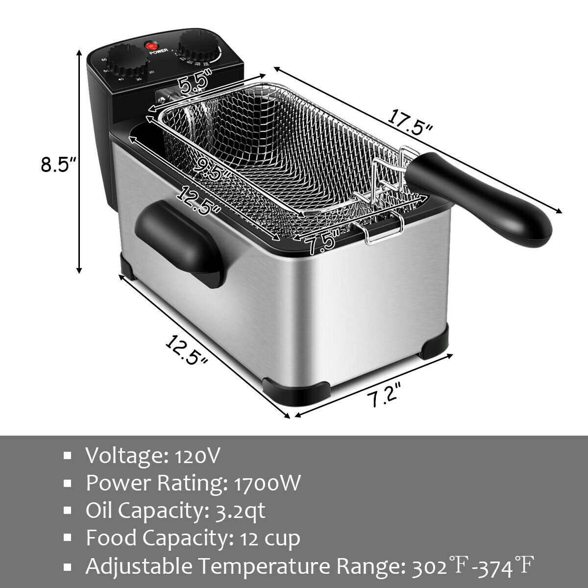 3.2 Quart Stainless Steel Electric Deep Fryer with Adjustable Timer for Perfect Frying