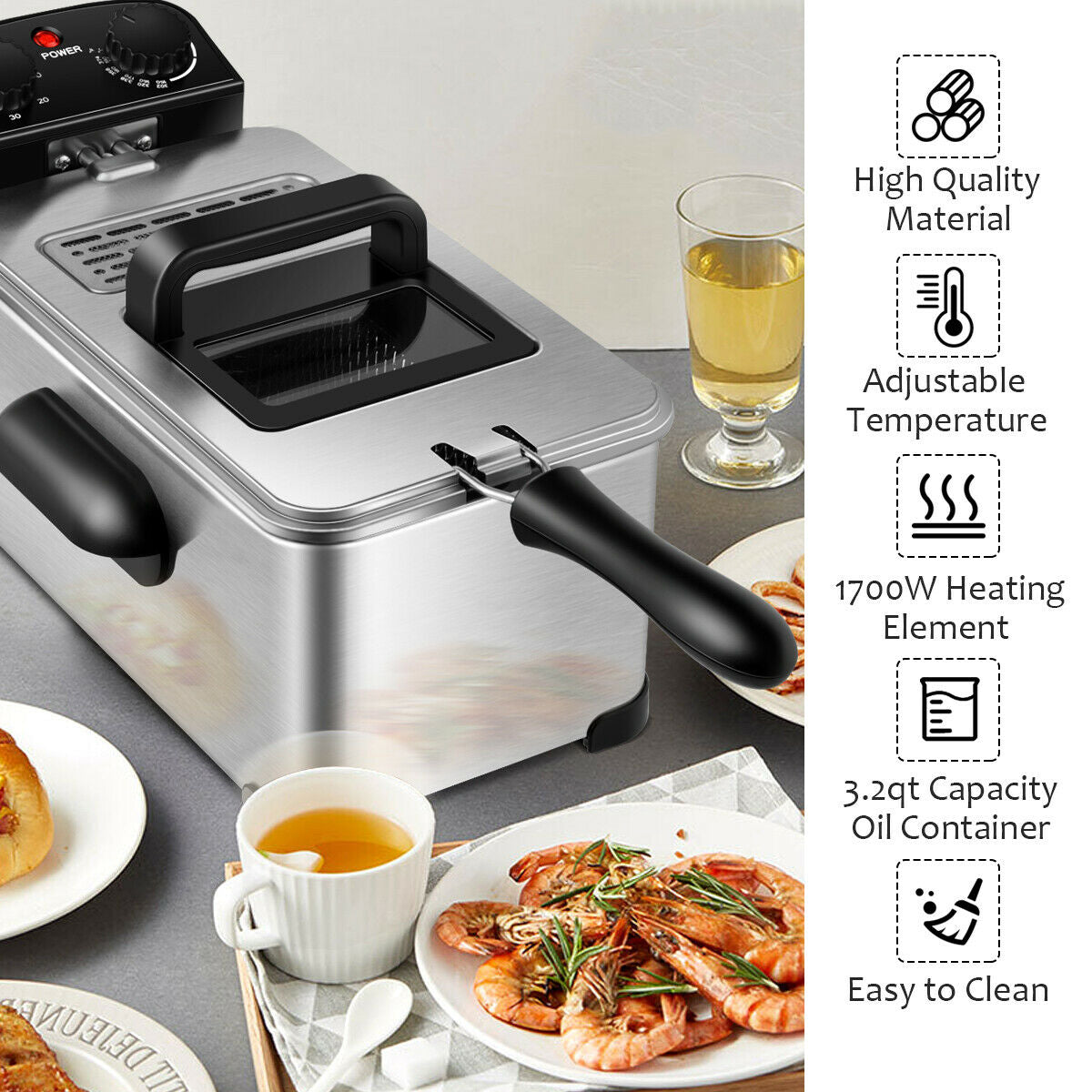 3.2 Quart Stainless Steel Electric Deep Fryer with Adjustable Timer for Perfect Frying