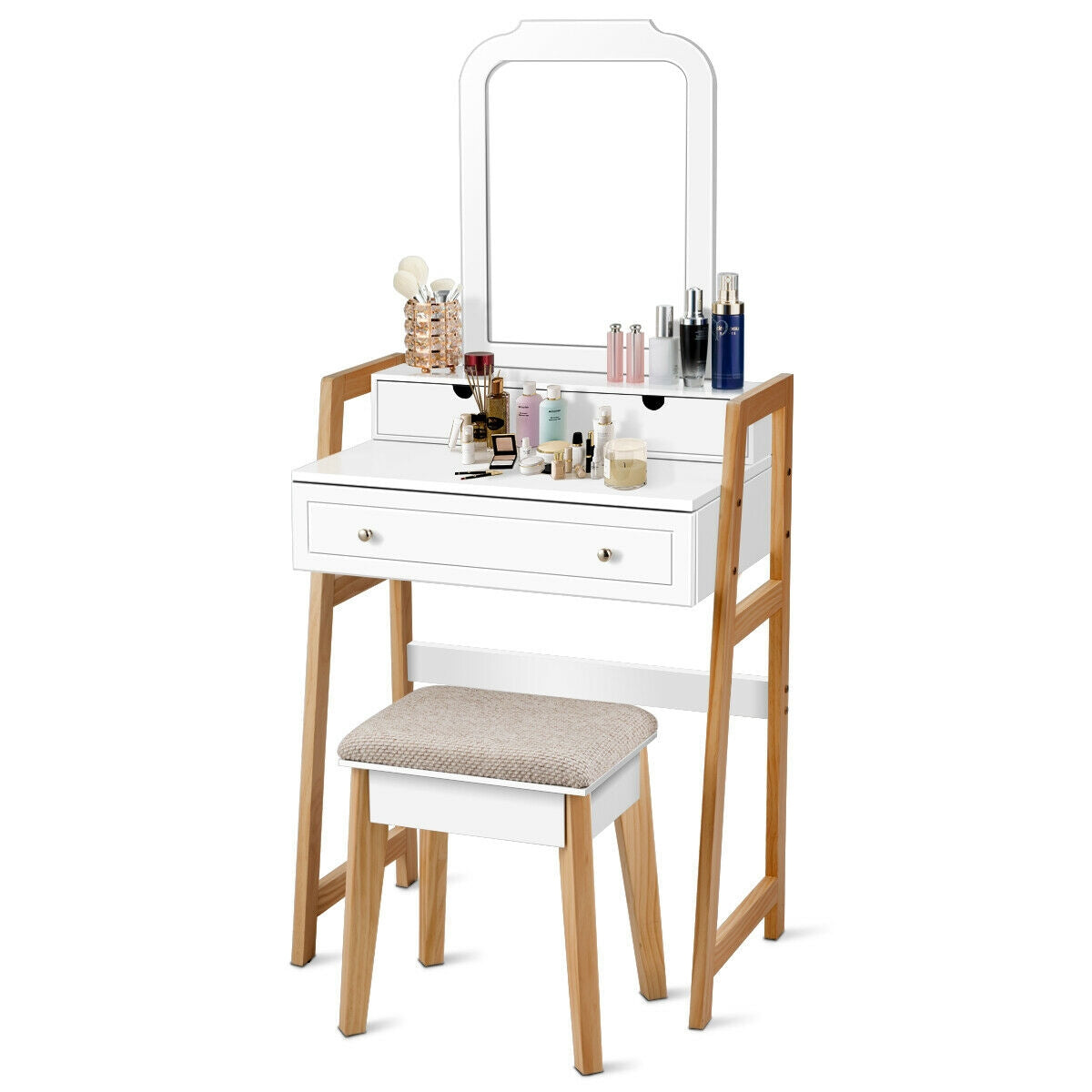 Makeup Vanity Set with Large Mirror and Upholstered Stool