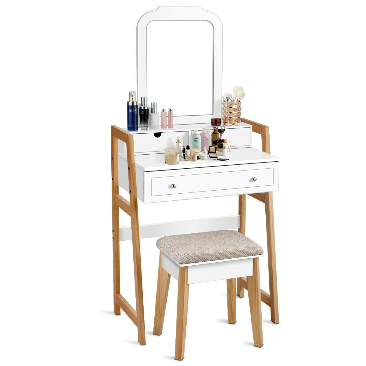 Makeup Vanity Set with Large Mirror and Upholstered Stool