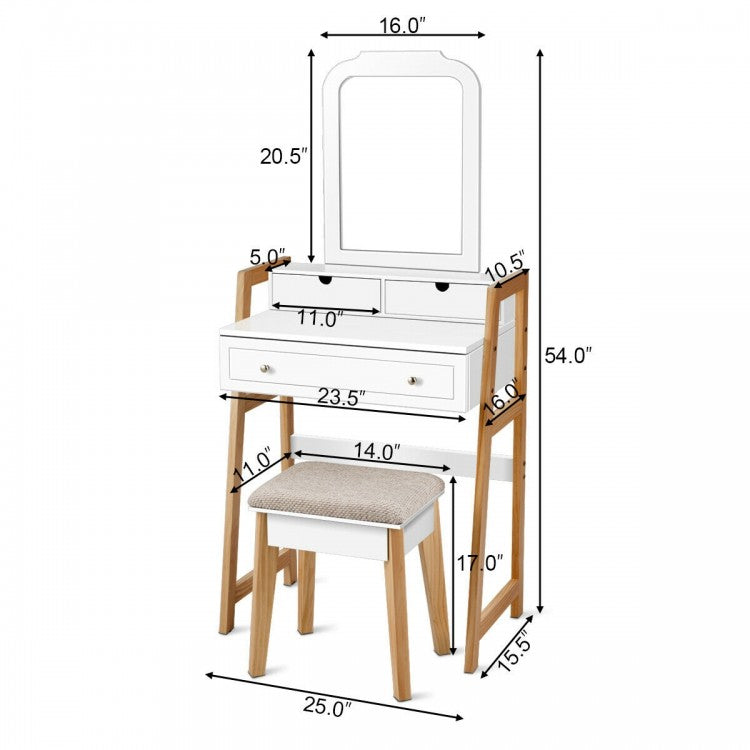 Makeup Vanity Set with Large Mirror and Upholstered Stool