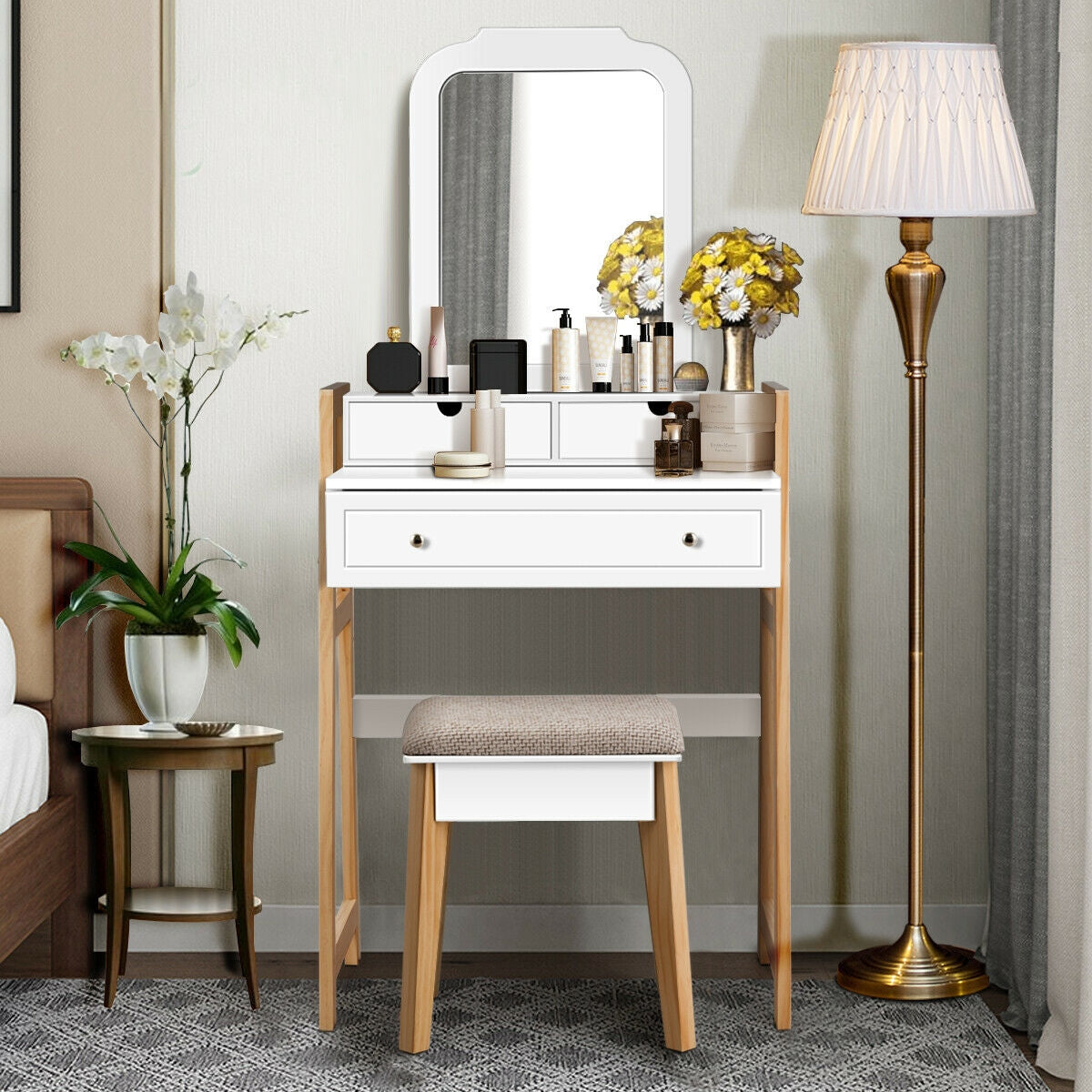 Makeup Vanity Set with Large Mirror and Upholstered Stool