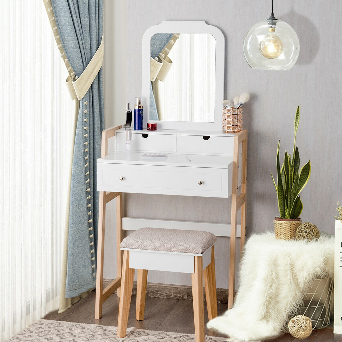 Makeup Vanity Set with Large Mirror and Upholstered Stool