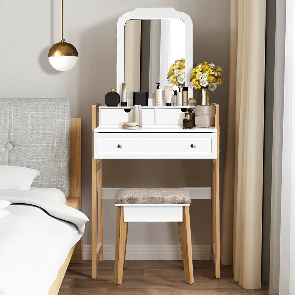 Makeup Vanity Set with Large Mirror and Upholstered Stool