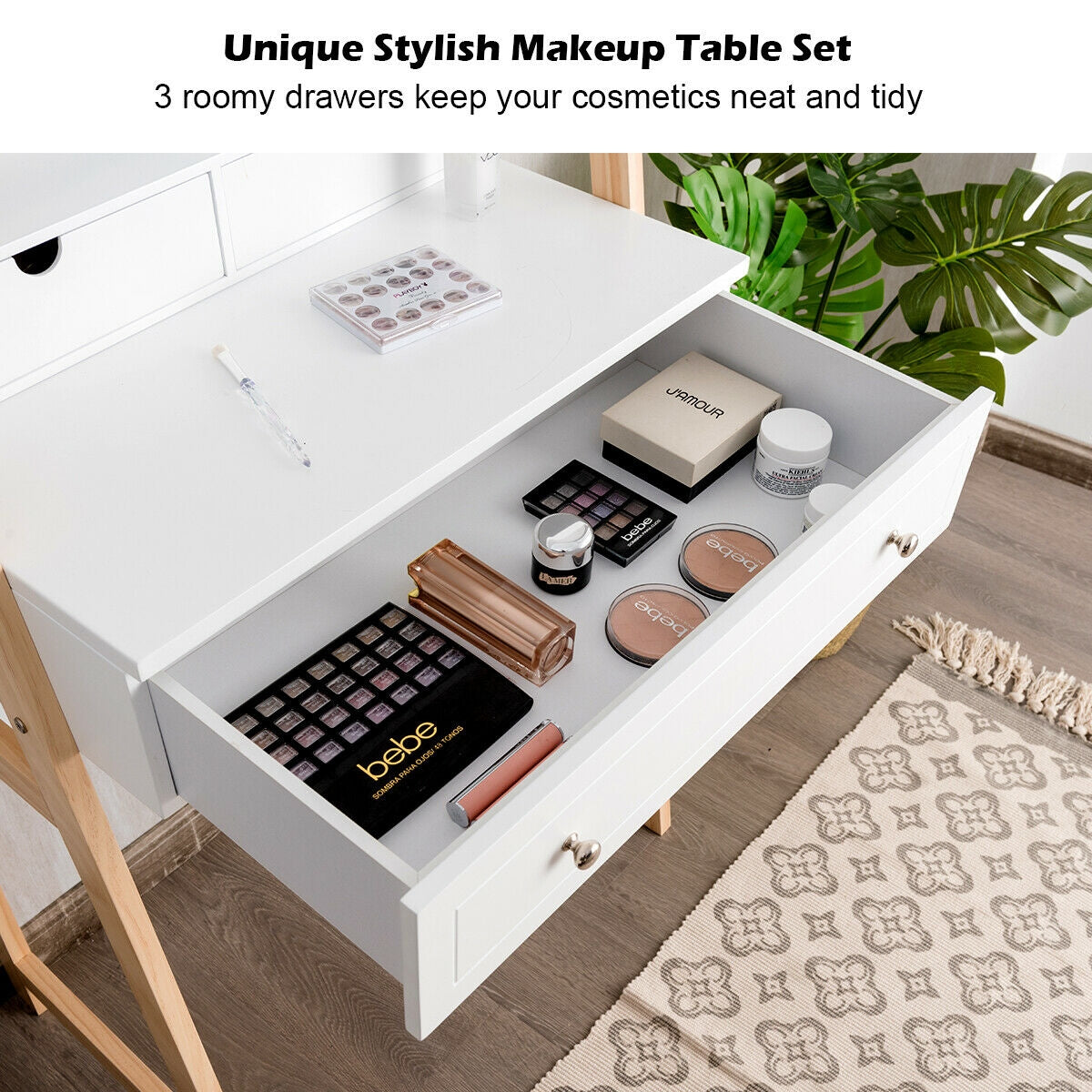 Makeup Vanity Set with Large Mirror and Upholstered Stool