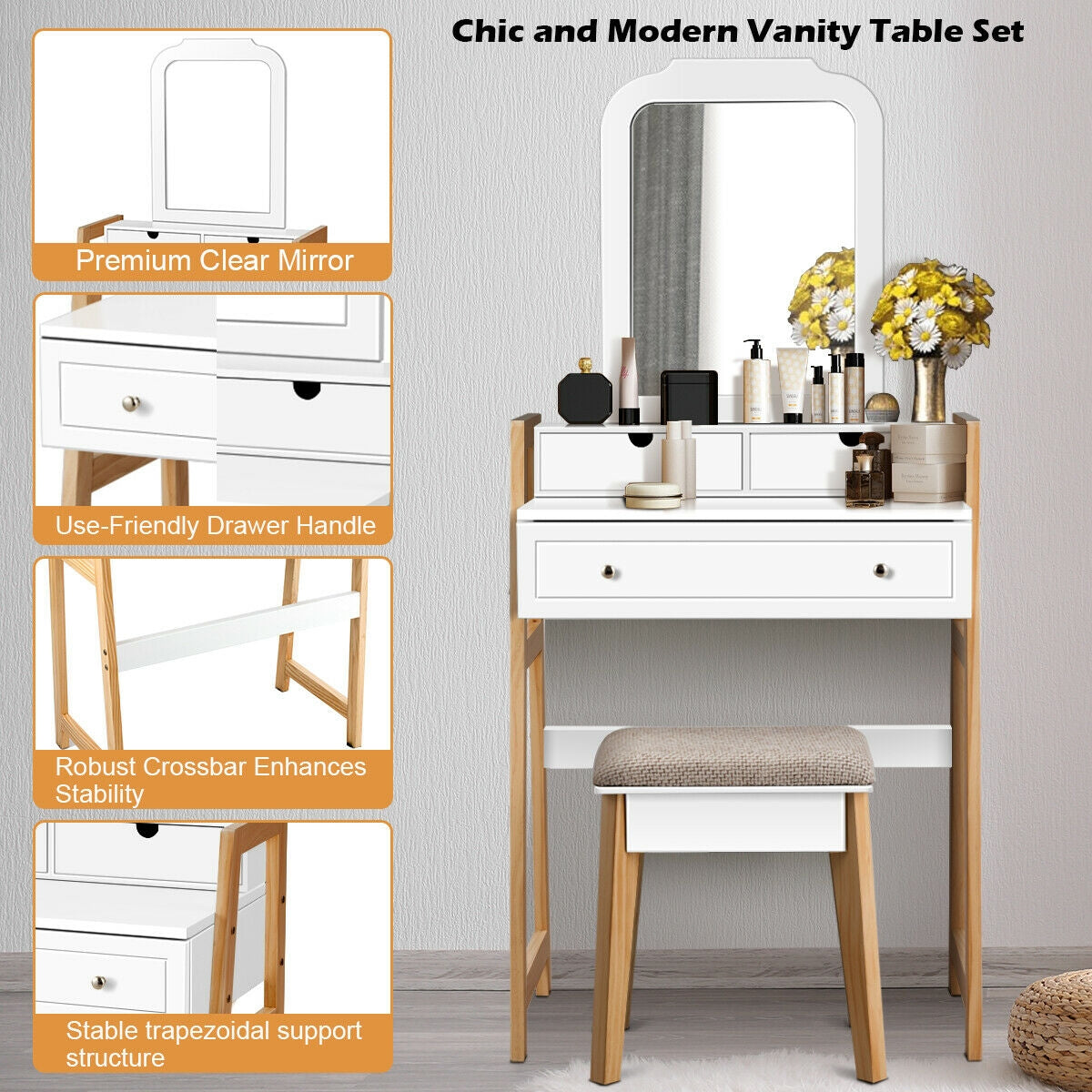 Makeup Vanity Set with Large Mirror and Upholstered Stool