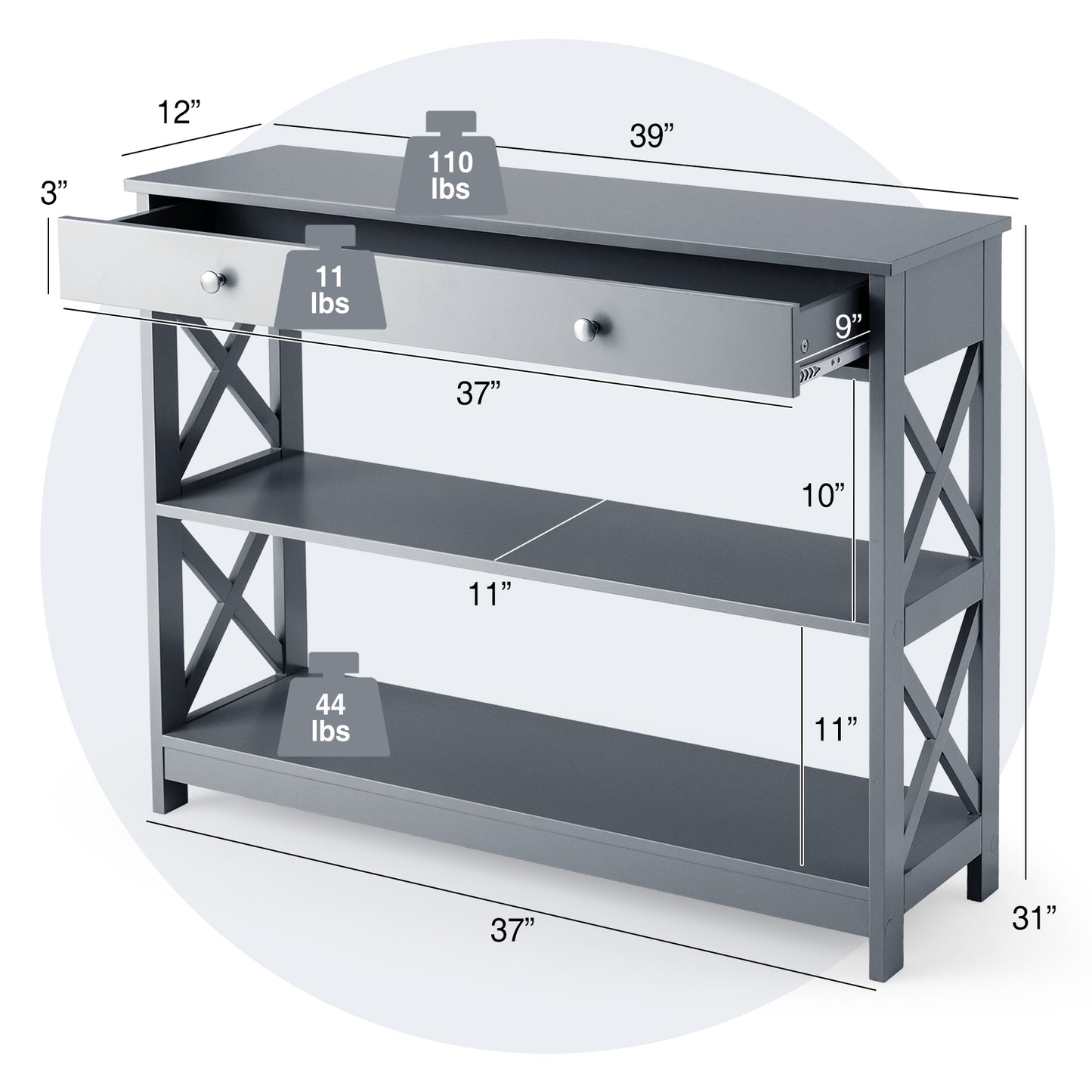 3 Tier Console Table with Drawer and Storage Shelves in Grey
