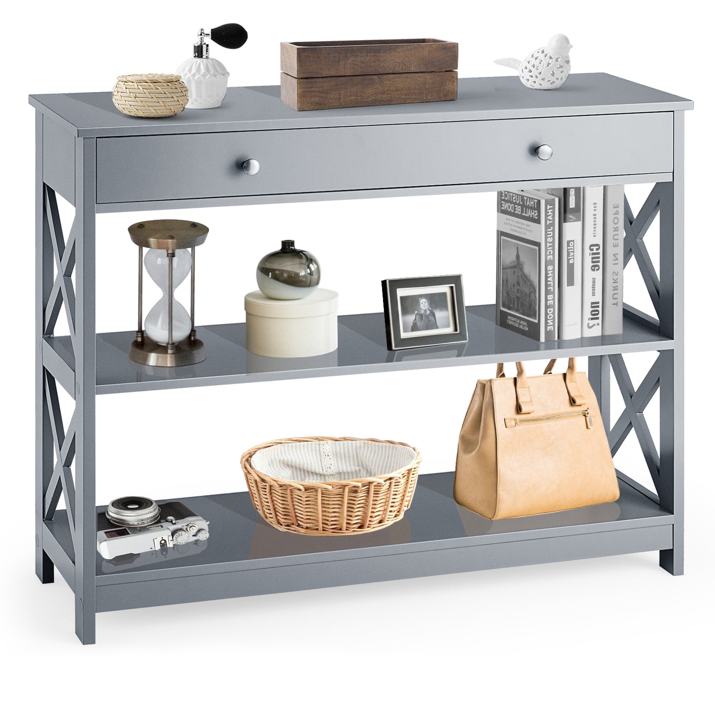 3 Tier Console Table with Drawer and Storage Shelves in Grey