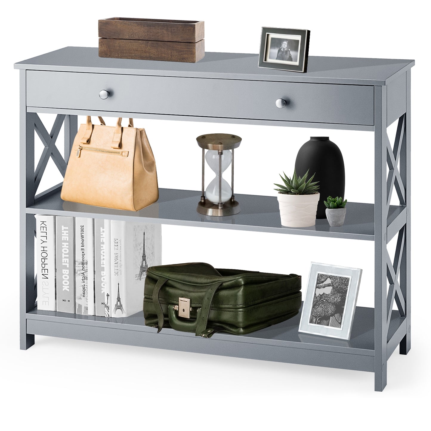 3 Tier Console Table with Drawer and Storage Shelves in Grey