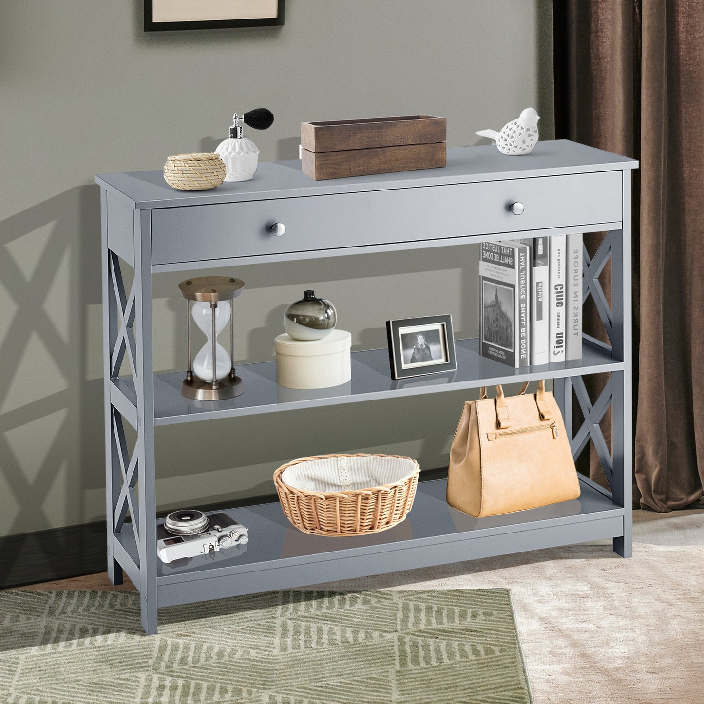 3 Tier Console Table with Drawer and Storage Shelves in Grey