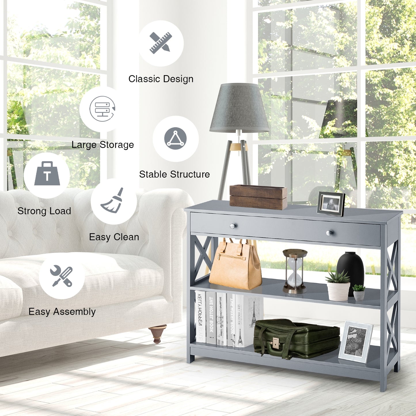 3 Tier Console Table with Drawer and Storage Shelves in Grey