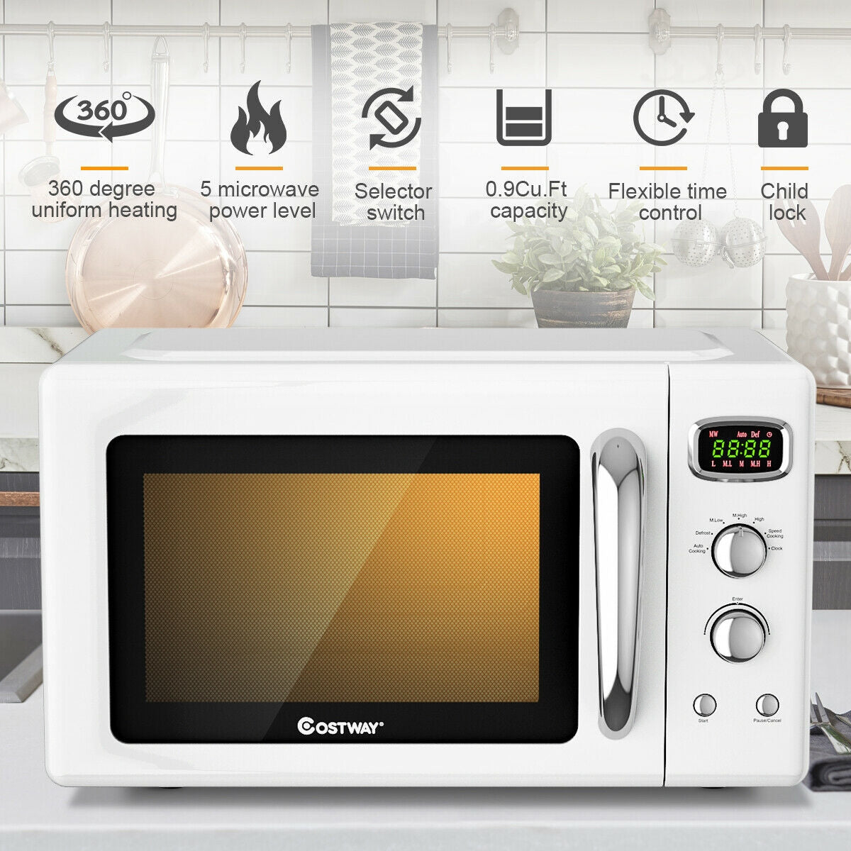 Retro 0.9 Cu.ft Compact Microwave Oven for Countertop