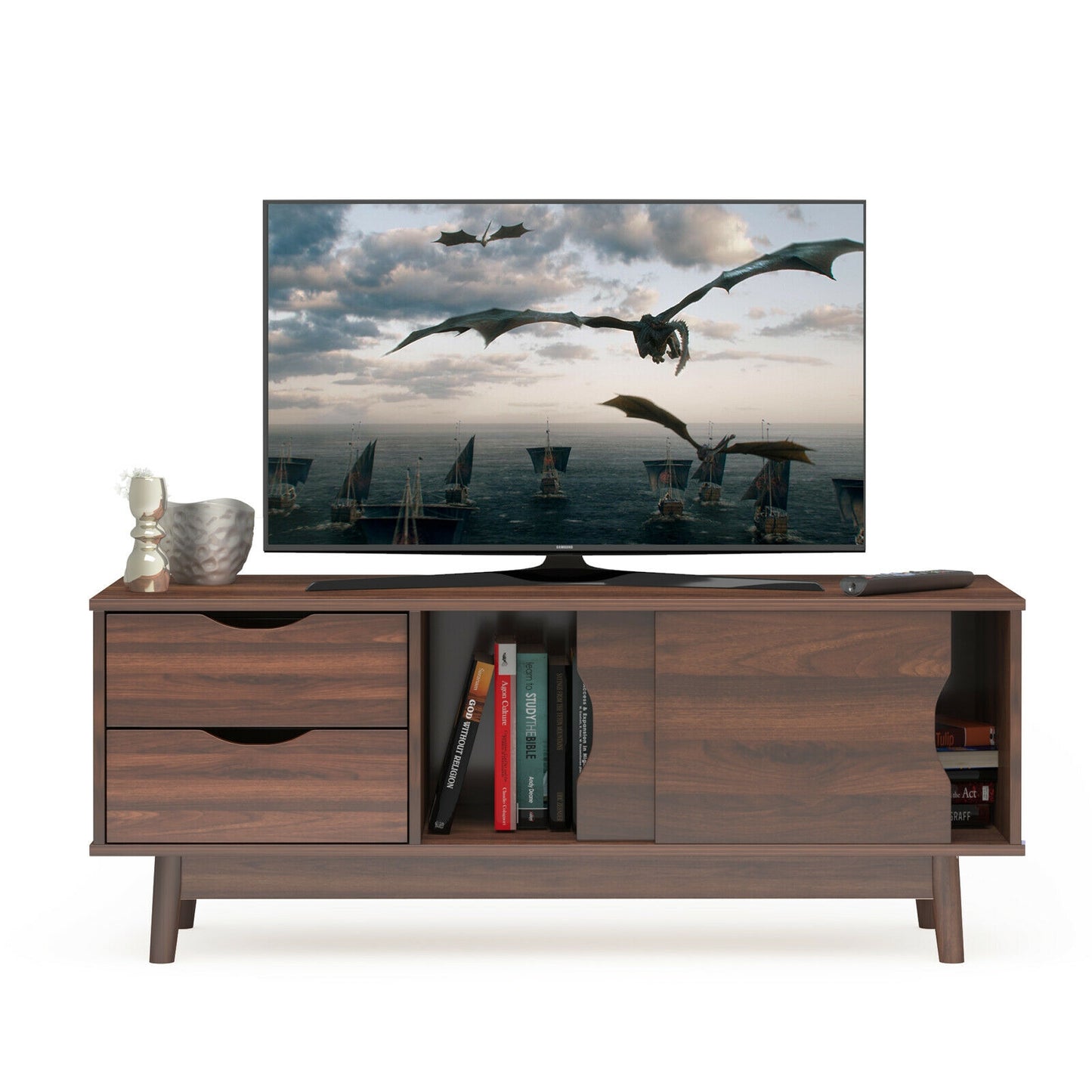 Spacious Media Console TV Stand with Sliding Doors and Drawers for TVs up to 60 Inches in Walnut