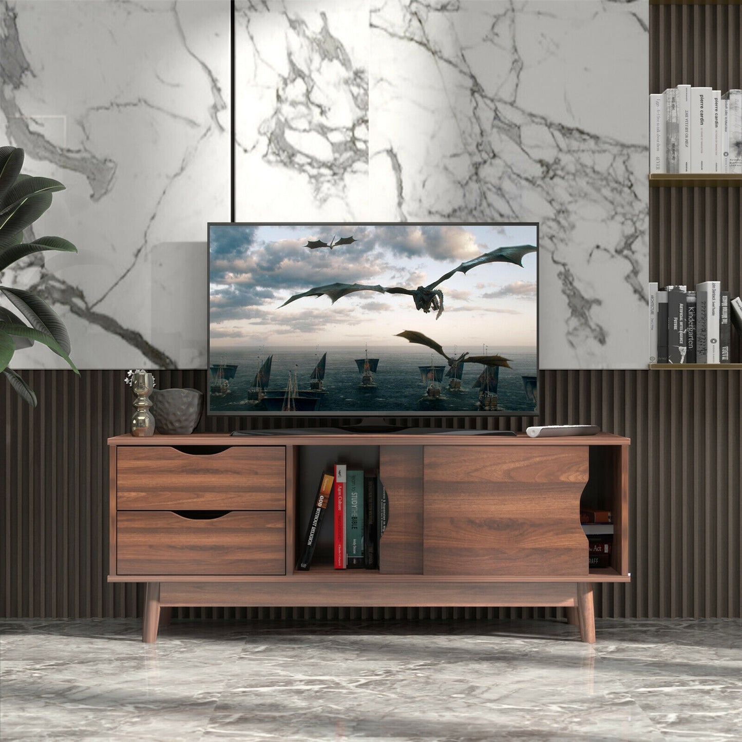 Spacious Media Console TV Stand with Sliding Doors and Drawers for TVs up to 60 Inches in Walnut