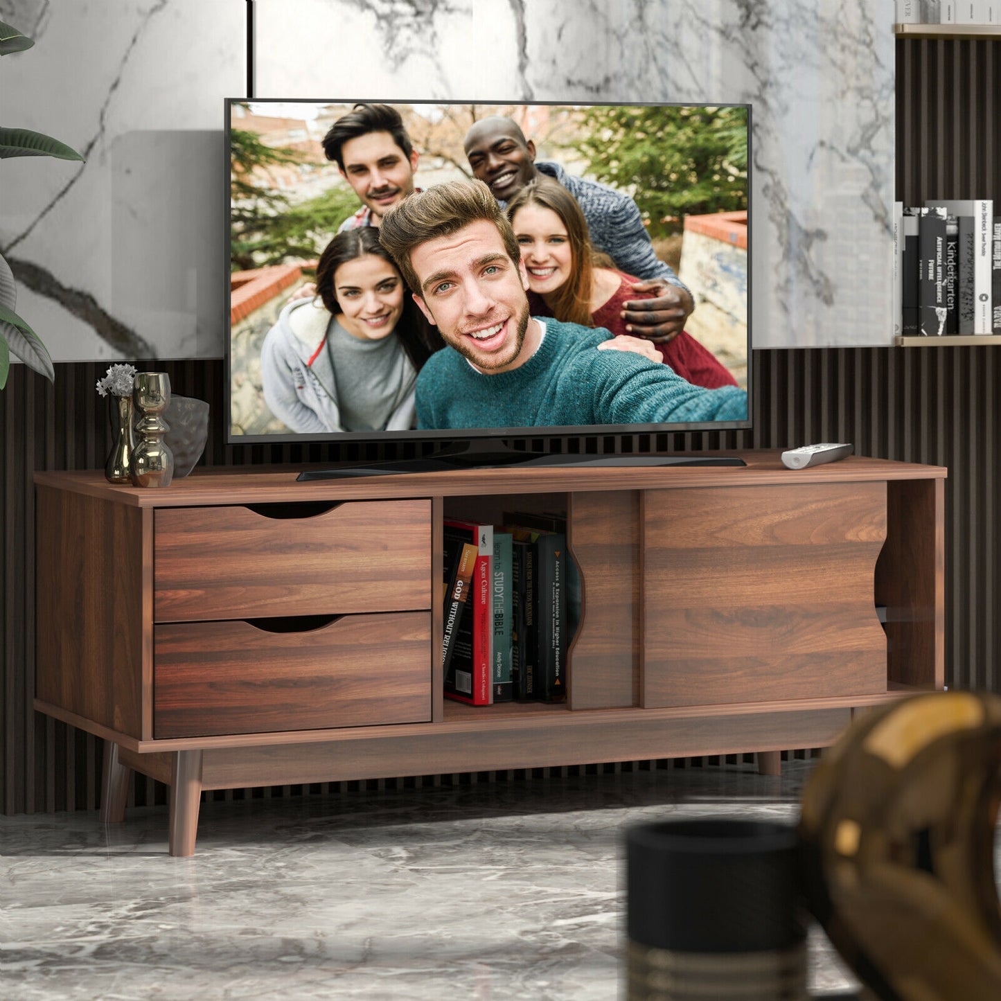 Spacious Media Console TV Stand with Sliding Doors and Drawers for TVs up to 60 Inches in Walnut