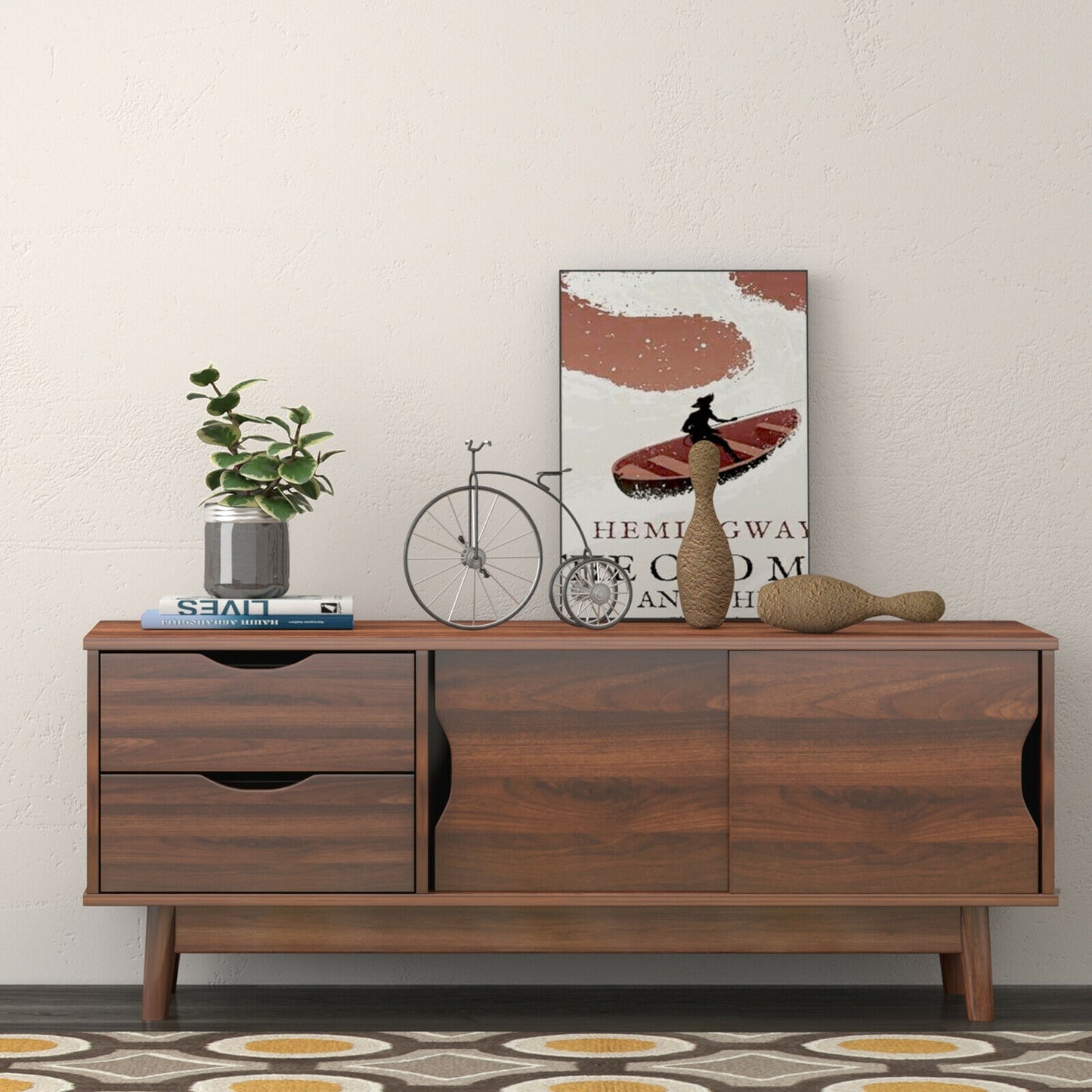 Spacious Media Console TV Stand with Sliding Doors and Drawers for TVs up to 60 Inches in Walnut
