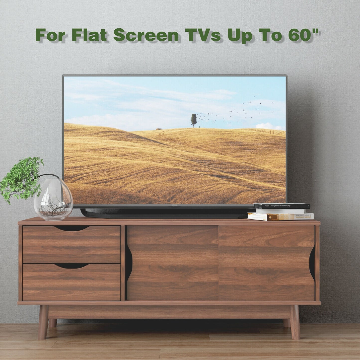 Spacious Media Console TV Stand with Sliding Doors and Drawers for TVs up to 60 Inches in Walnut