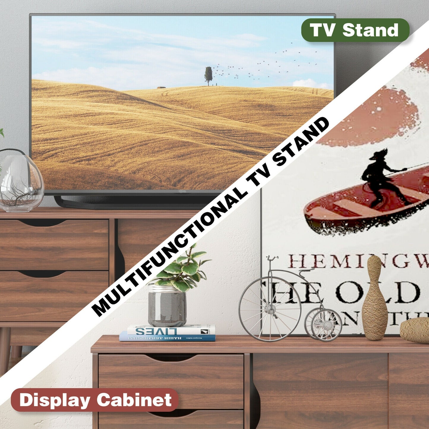 Spacious Media Console TV Stand with Sliding Doors and Drawers for TVs up to 60 Inches in Walnut