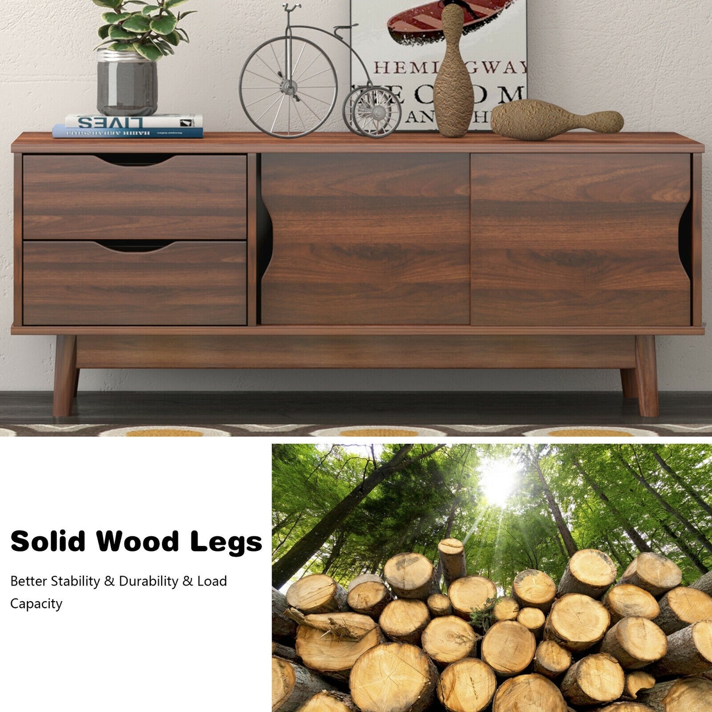 Spacious Media Console TV Stand with Sliding Doors and Drawers for TVs up to 60 Inches in Walnut