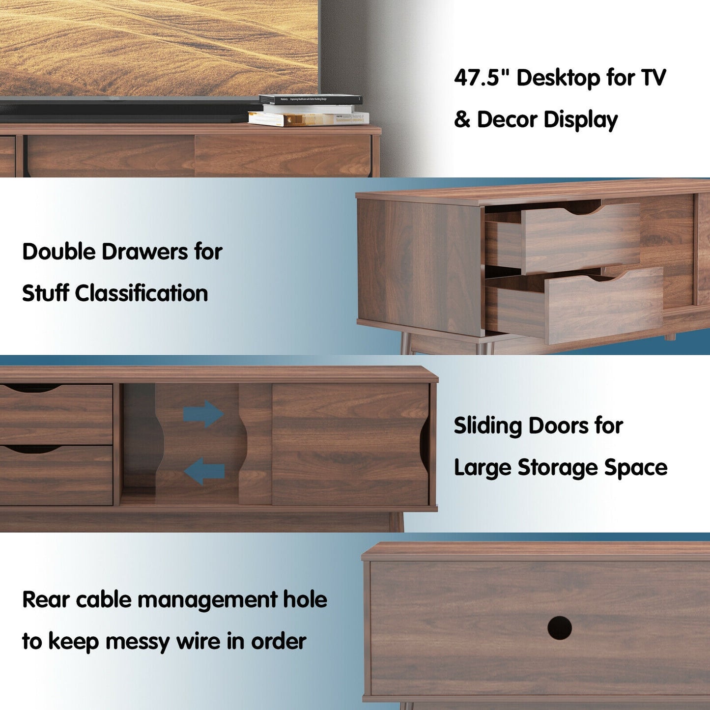 Spacious Media Console TV Stand with Sliding Doors and Drawers for TVs up to 60 Inches in Walnut