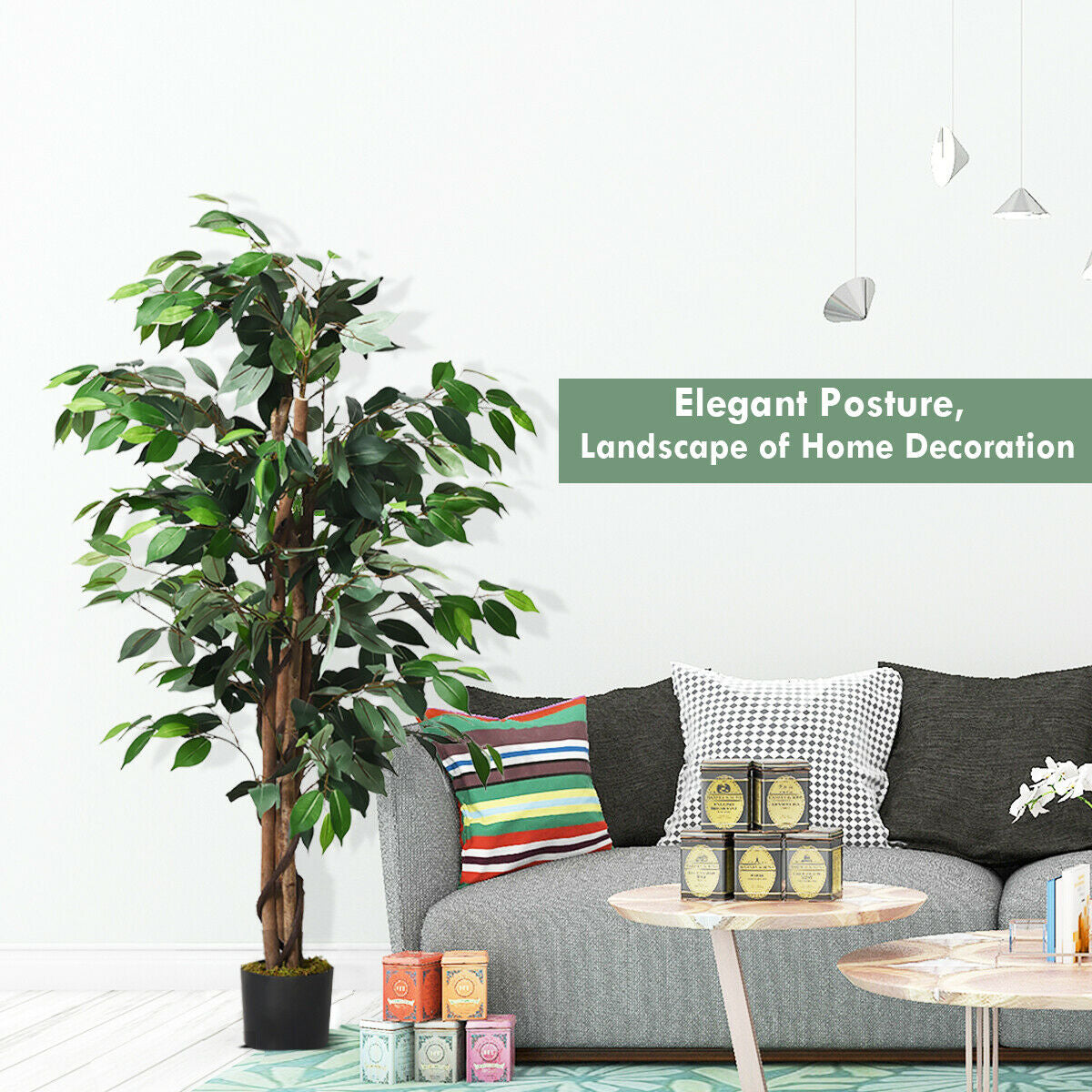4 Foot Realistic Artificial Ficus Tree with Sturdy Trunks for Indoor & Outdoor Décor