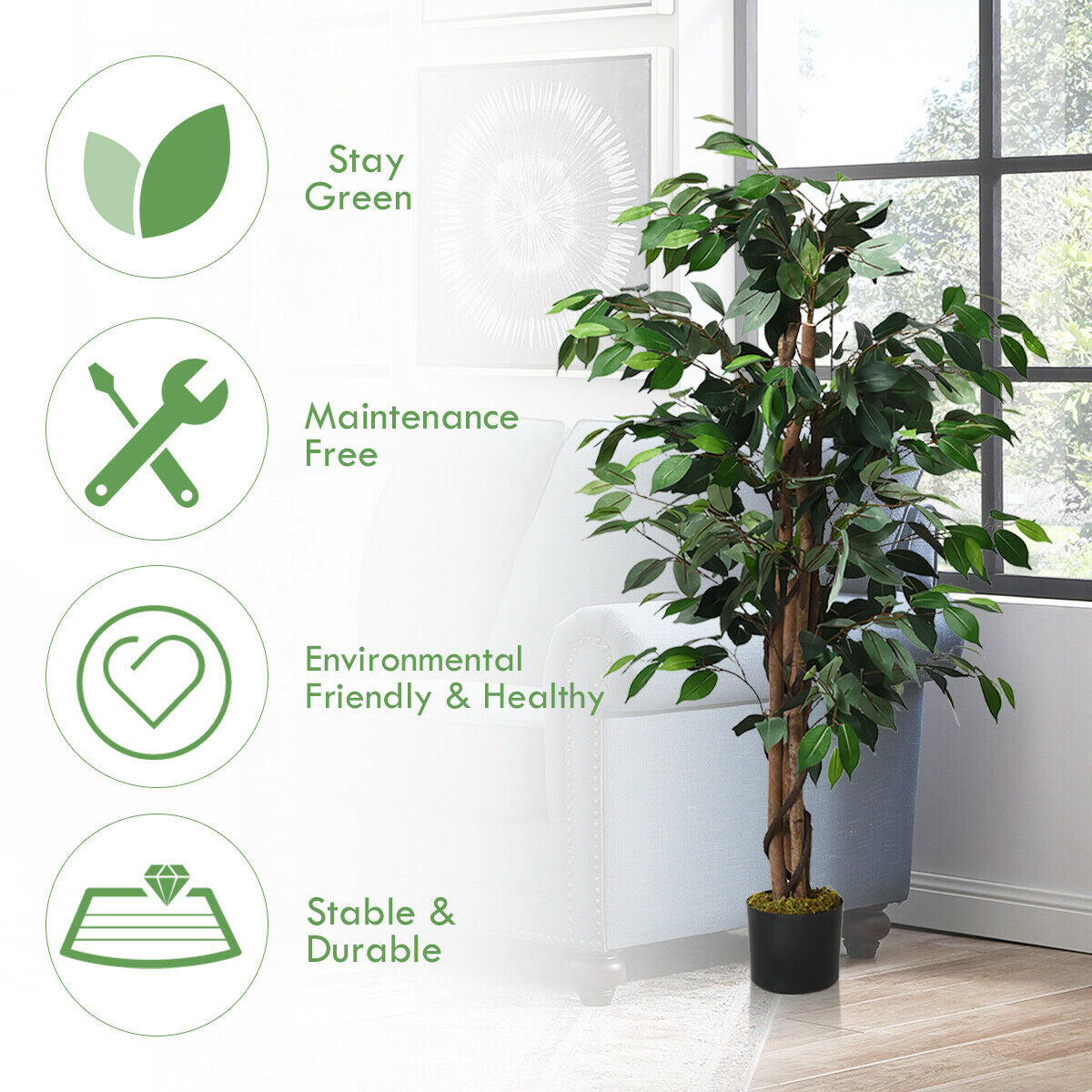 4 Foot Realistic Artificial Ficus Tree with Sturdy Trunks for Indoor & Outdoor Décor