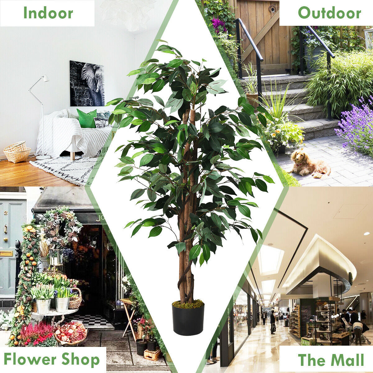 4 Foot Realistic Artificial Ficus Tree with Sturdy Trunks for Indoor & Outdoor Décor