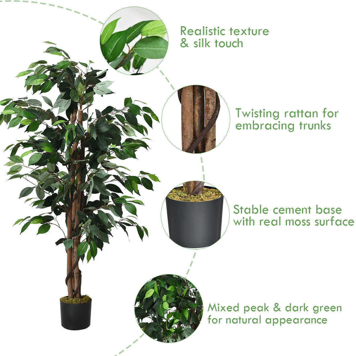 4 Foot Realistic Artificial Ficus Tree with Sturdy Trunks for Indoor & Outdoor Décor