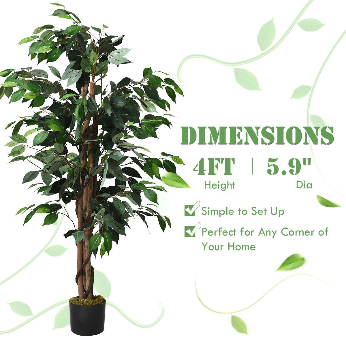 4 Foot Realistic Artificial Ficus Tree with Sturdy Trunks for Indoor & Outdoor Décor