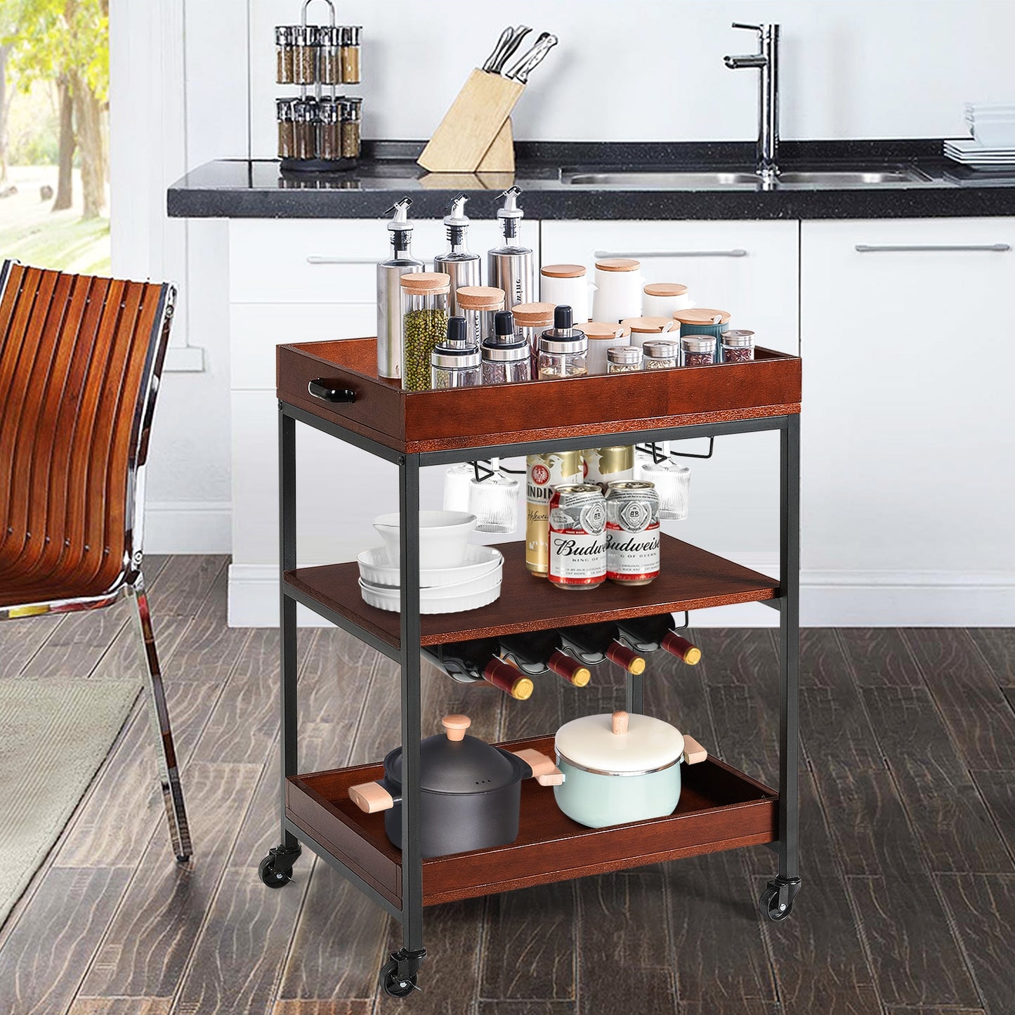Kitchen Bar Cart with Wine Rack Glass Holder and Three Tier Storage Shelves
