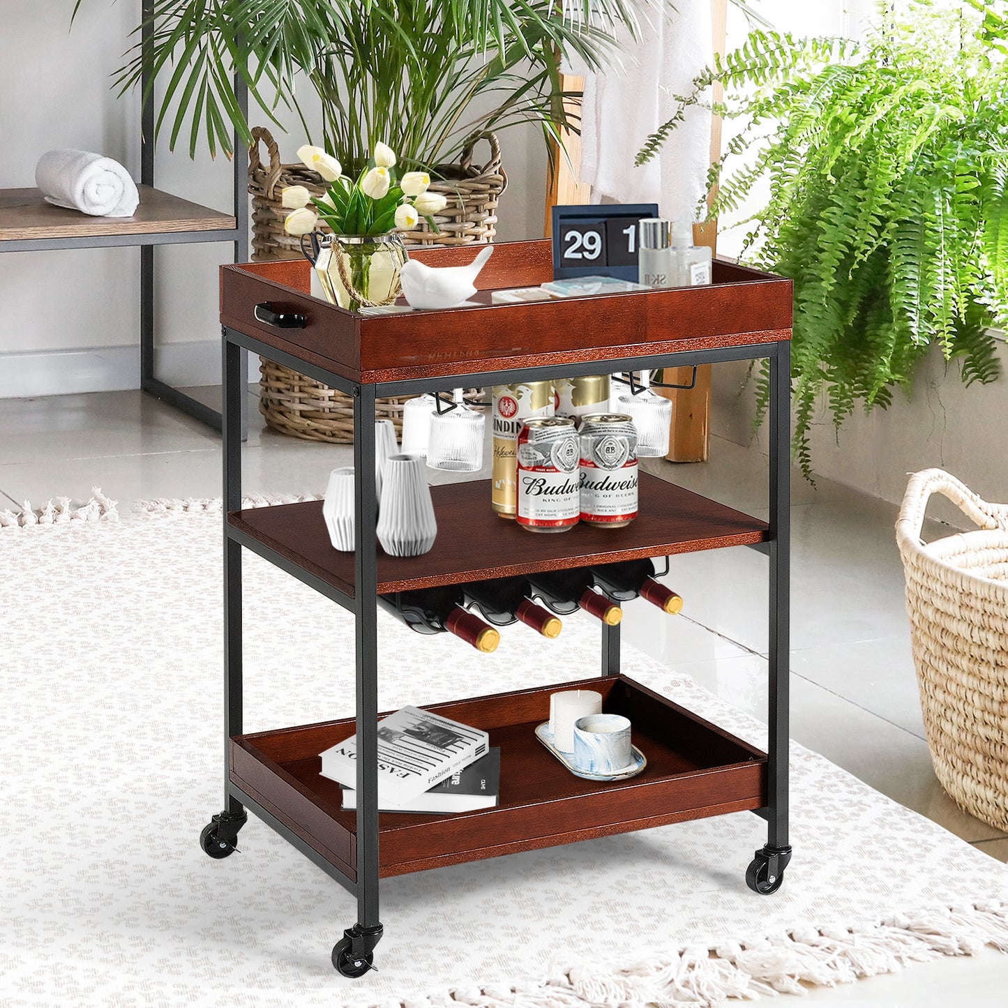 Kitchen Bar Cart with Wine Rack Glass Holder and Three Tier Storage Shelves