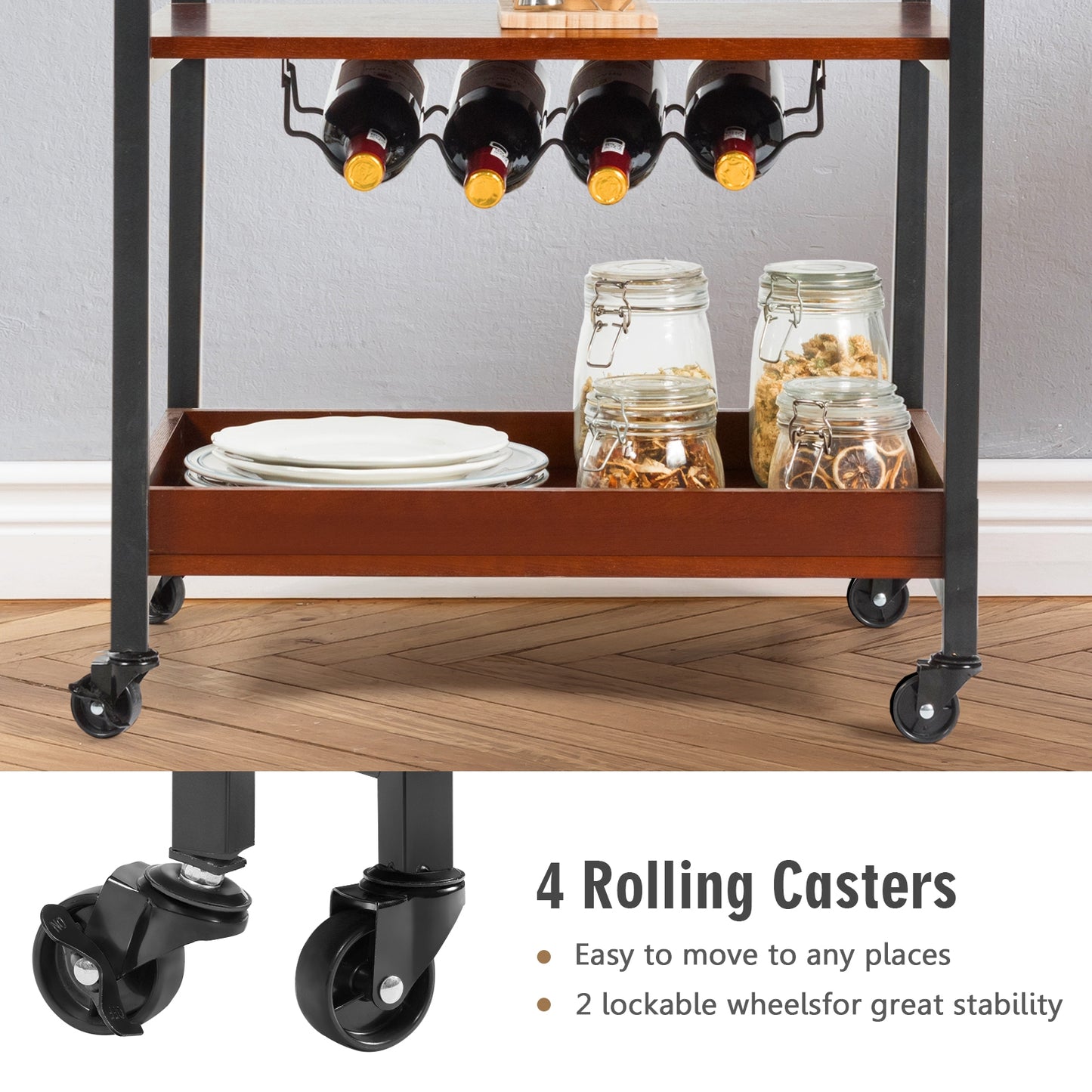 Kitchen Bar Cart with Wine Rack Glass Holder and Three Tier Storage Shelves