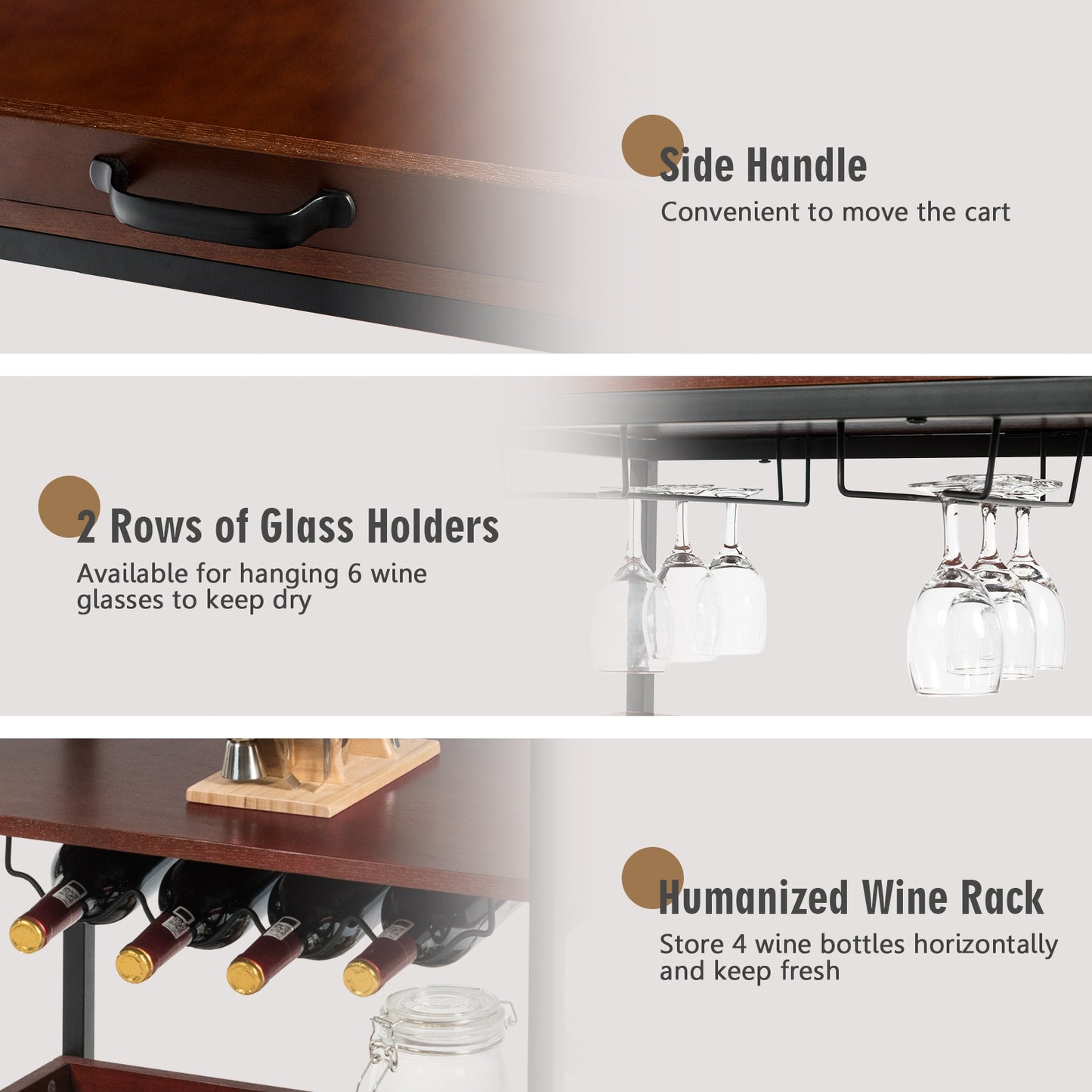 Kitchen Bar Cart with Wine Rack Glass Holder and Three Tier Storage Shelves